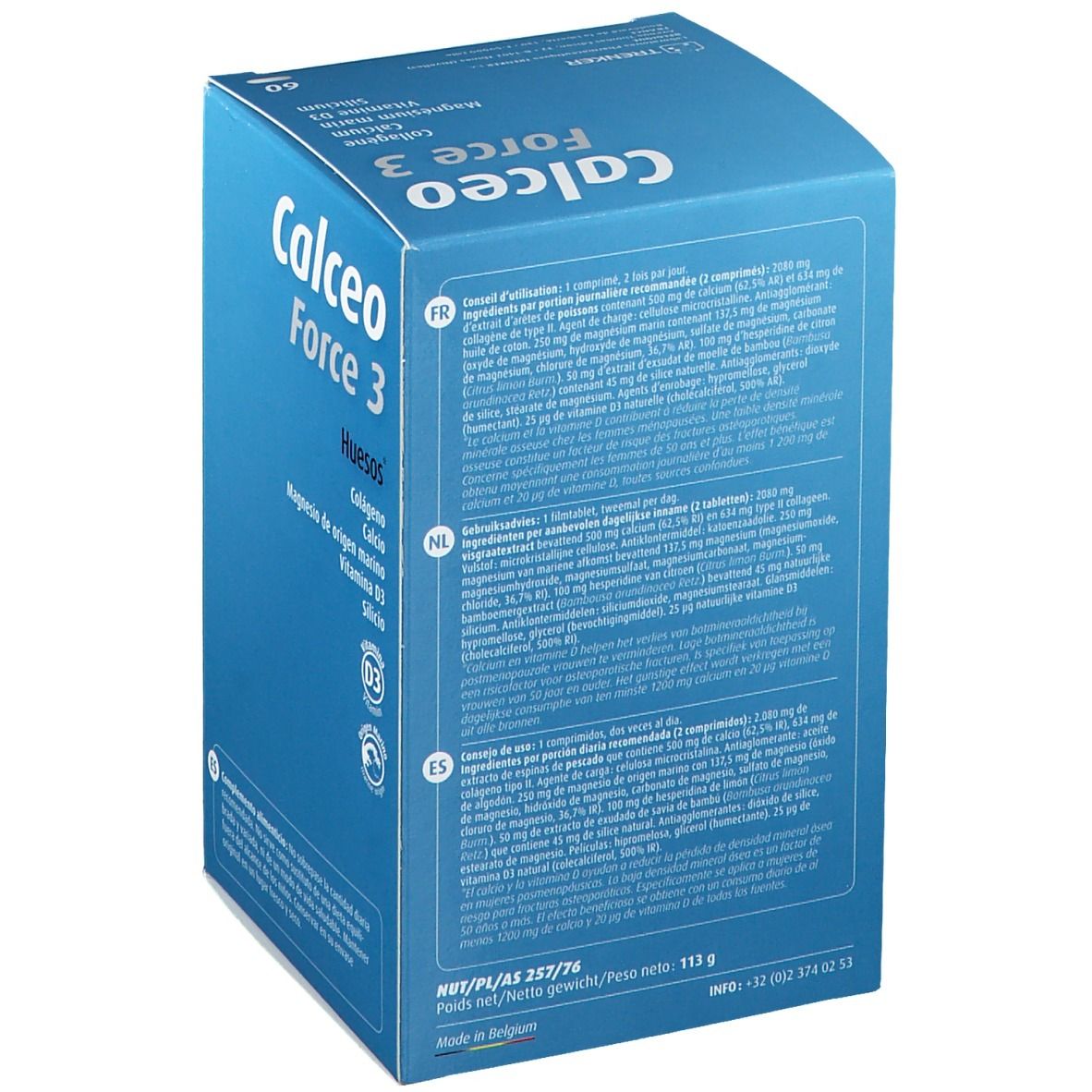 Boîte bleue "Calceo Force 3". Verso avec texte multilingue. Contient collagène, calcium, magnésium, vitamine D3, silicium.