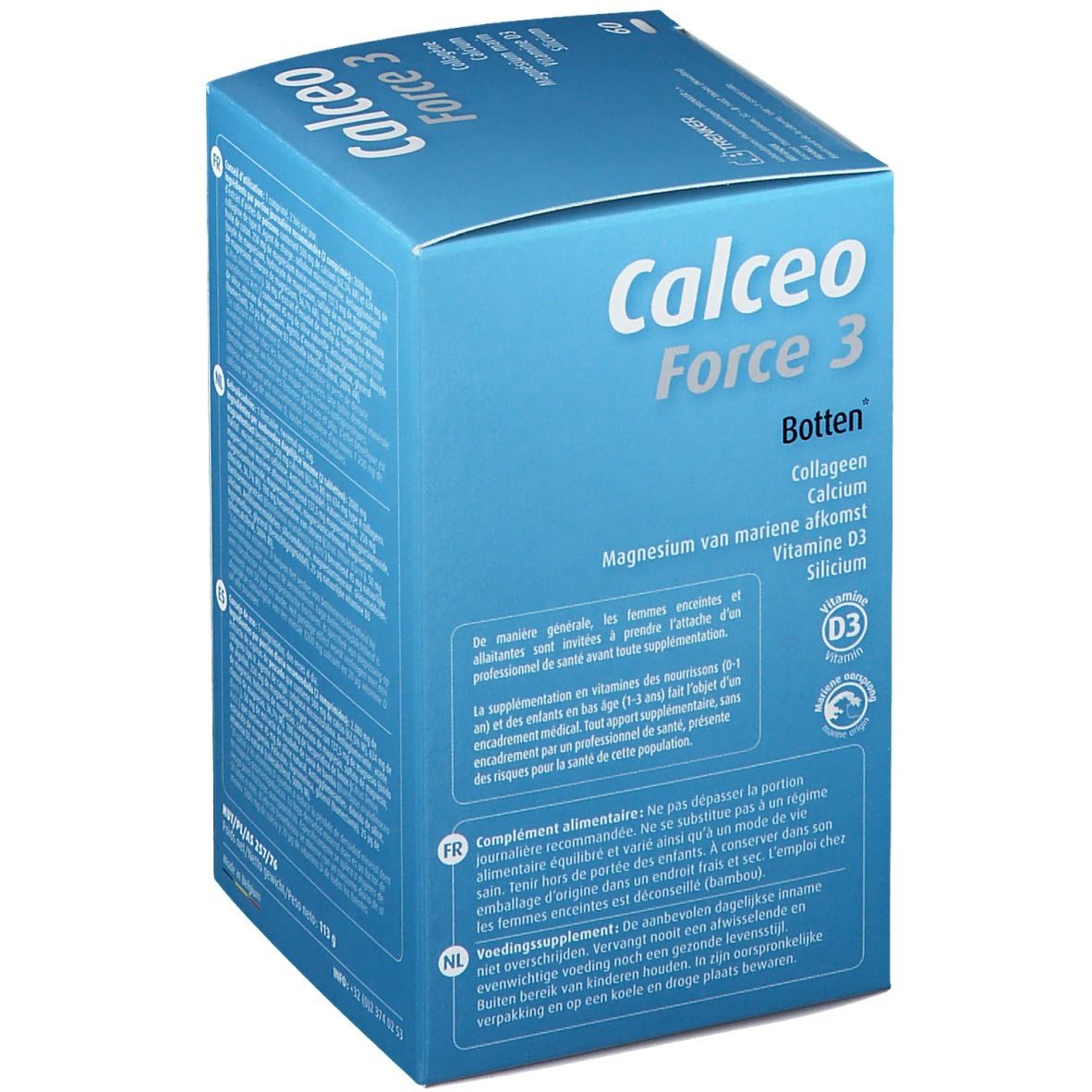 Boîte bleue "Calceo Force 3". Contient collagène, calcium, magnésium, vitamine D3, silicium. Texte multilingue.