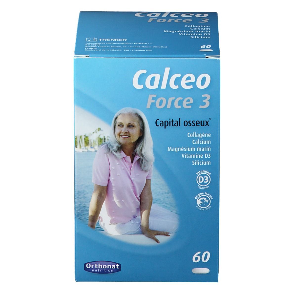 Boîte bleue "Calceo Force 3". Contient collagène, calcium, magnésium, vitamine D3, silicium. 60 comprimés. Orthonat Nutrition.