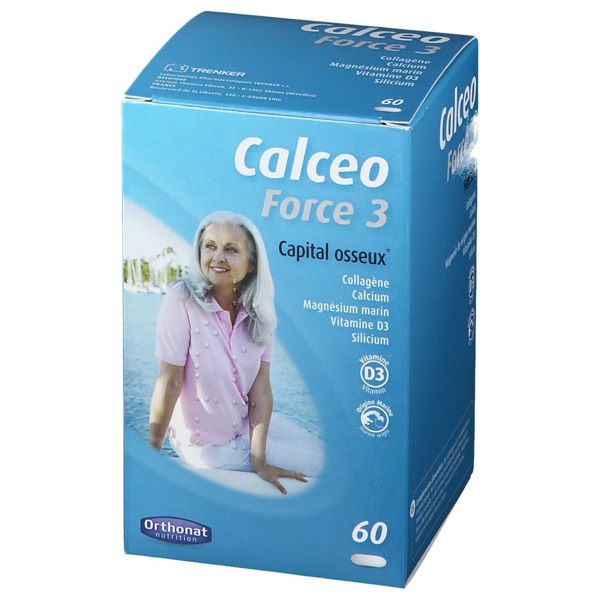 Boîte bleue "Calceo Force 3". Contient collagène, calcium, magnésium, vitamine D3, silicium. 60 comprimés. Orthonat Nutrition.