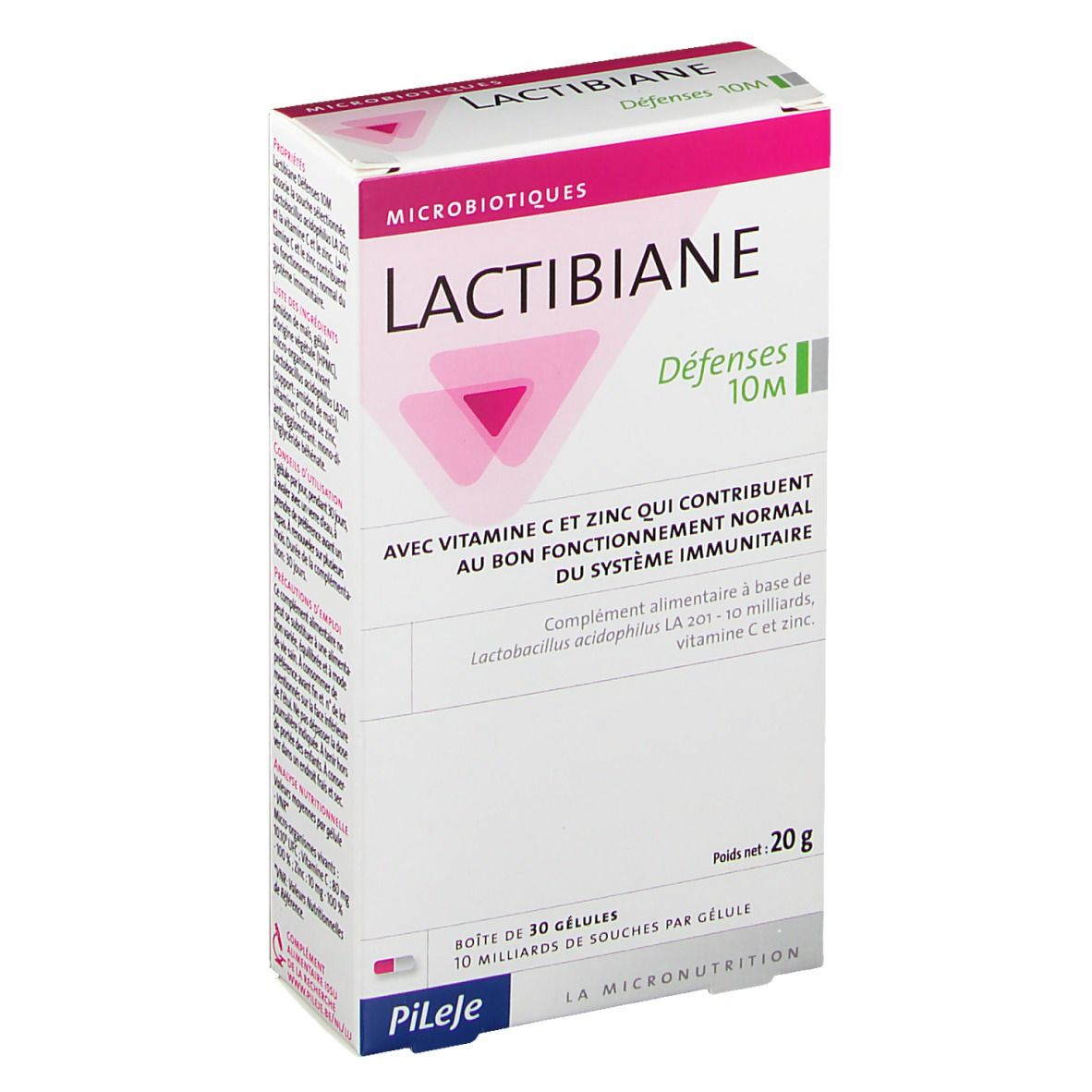 Boîte de Lactibiane Défenses 10M. Emballage rose et blanc avec nom et logo du produit. Contient 30 gélules. Poids net 20g.