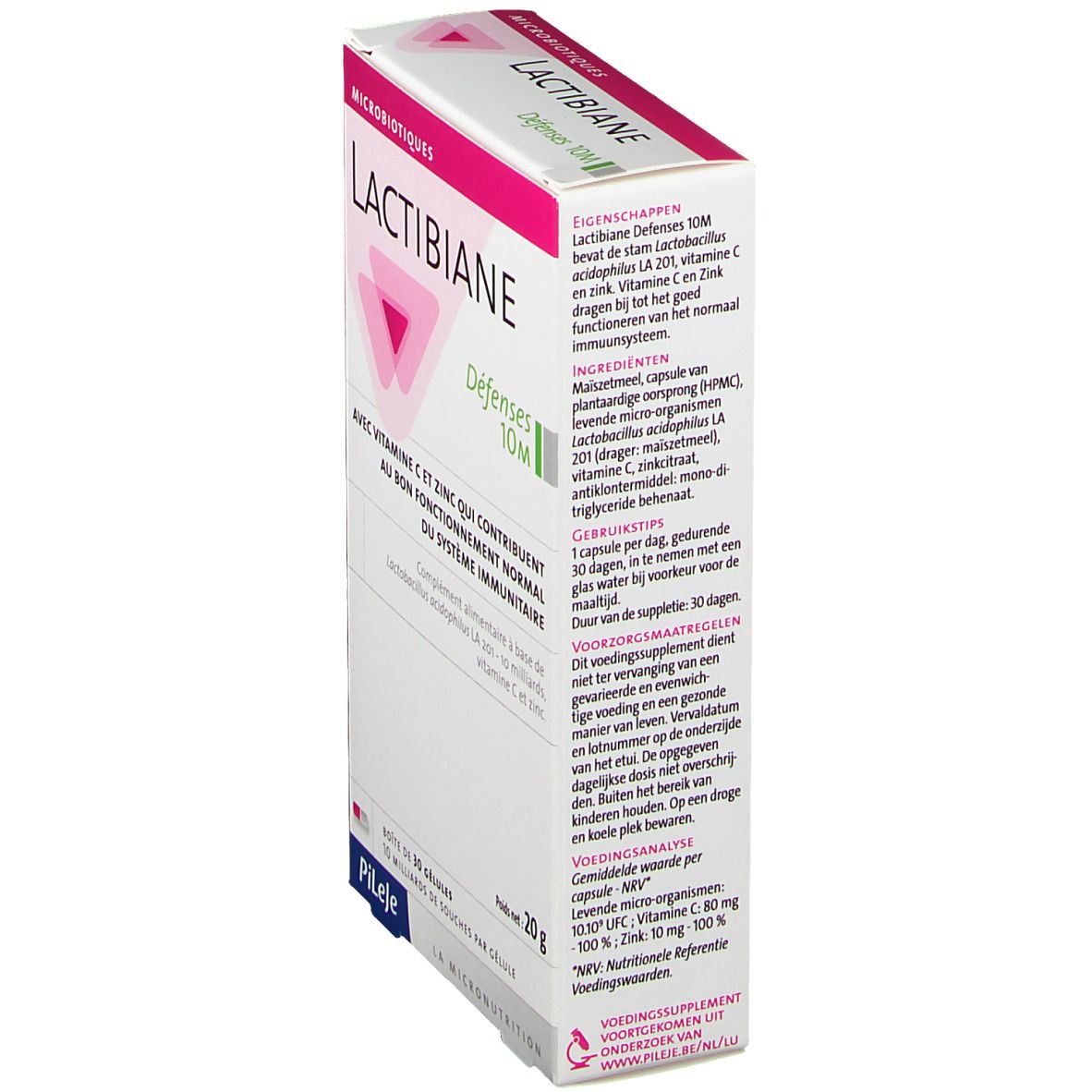 Vue latérale de l'emballage Lactibiane Défenses 10M. Texte en plusieurs langues. Contient des informations sur les ingrédients et l'utilisation.