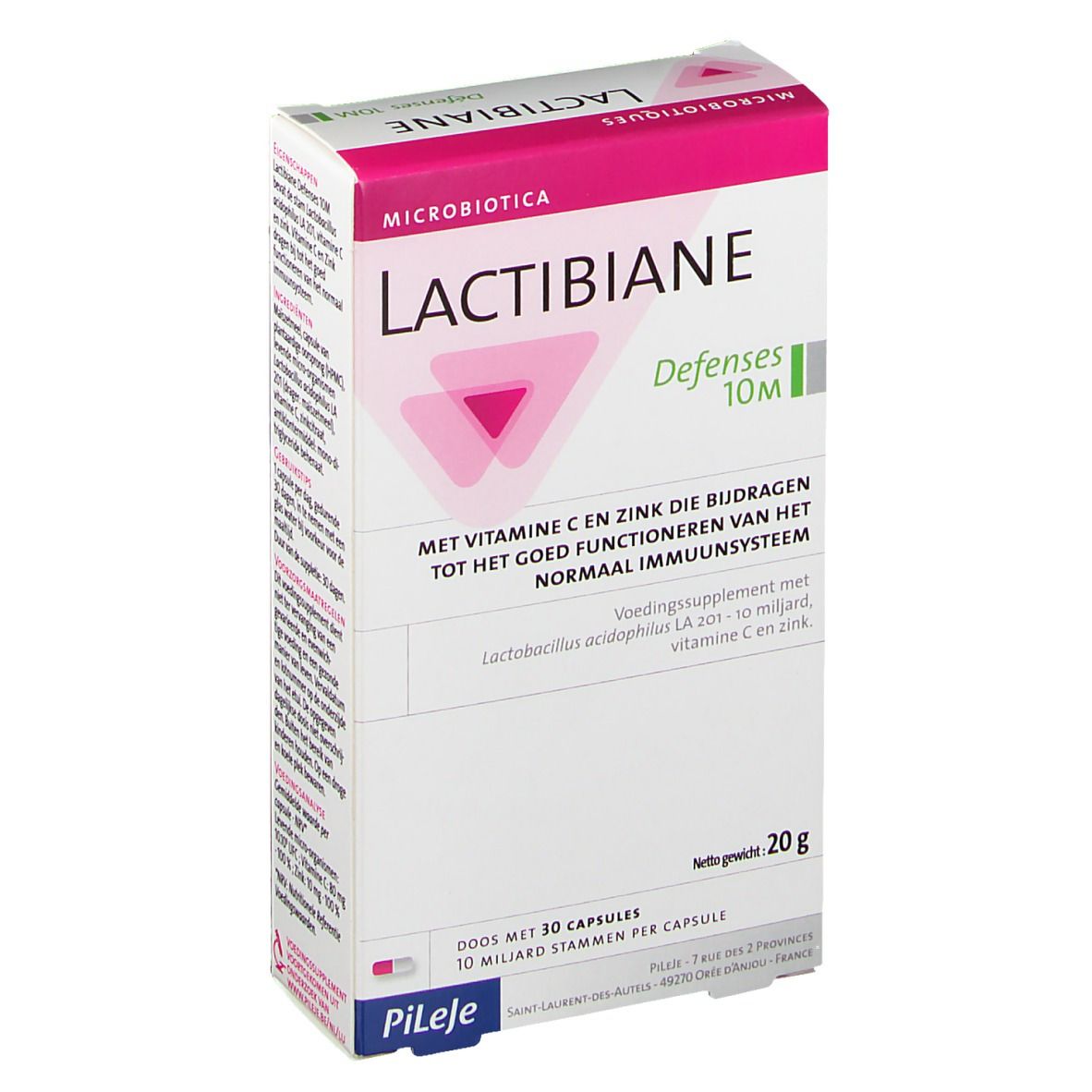 Boîte Lactibiane Défenses 10M. Emballage rose et blanc avec nom et logo du produit. Contient 30 gélules. Poids net 20g.