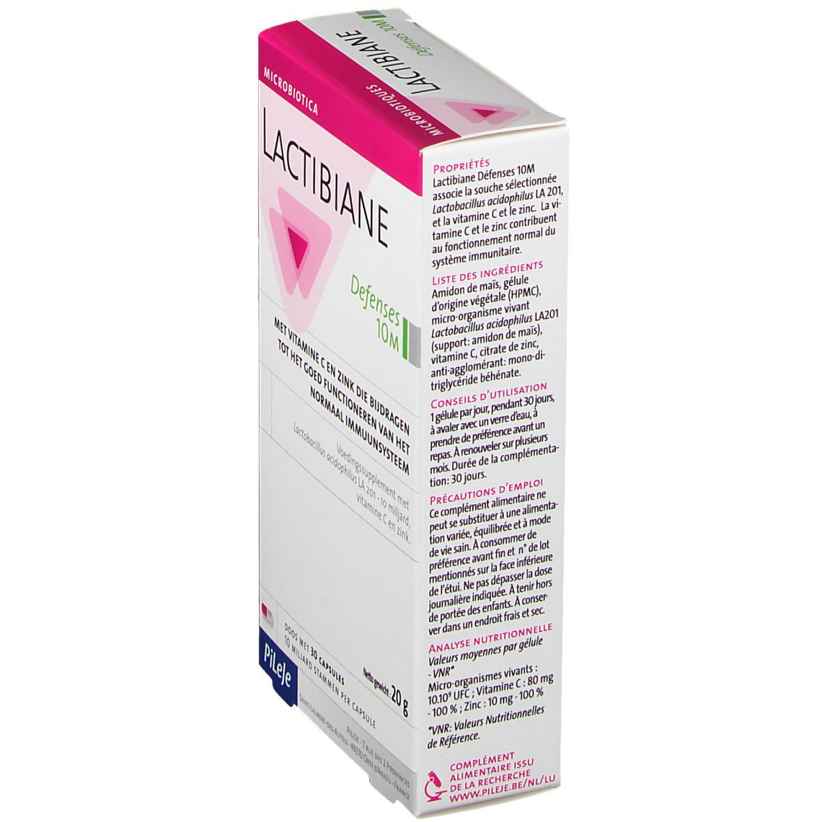 Vue latérale de l'emballage Lactibiane Défenses 10M. Texte en plusieurs langues. Contient des informations sur les ingrédients et l'utilisation.