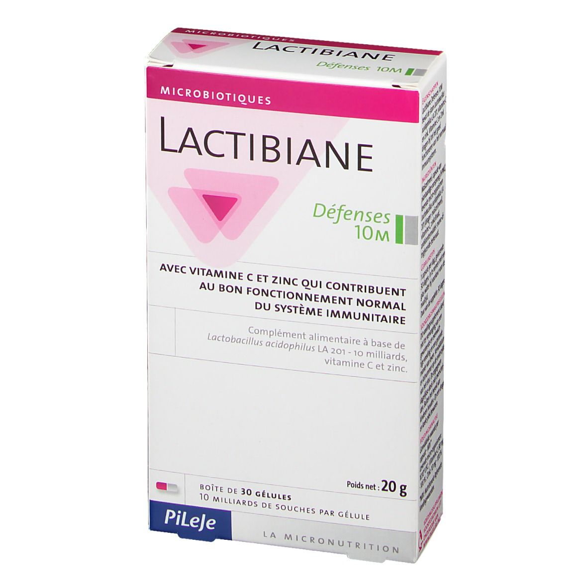 Boîte de Lactibiane Défenses 10M. Emballage rose et blanc avec nom et logo du produit. Contient 30 gélules. Poids net 20g.