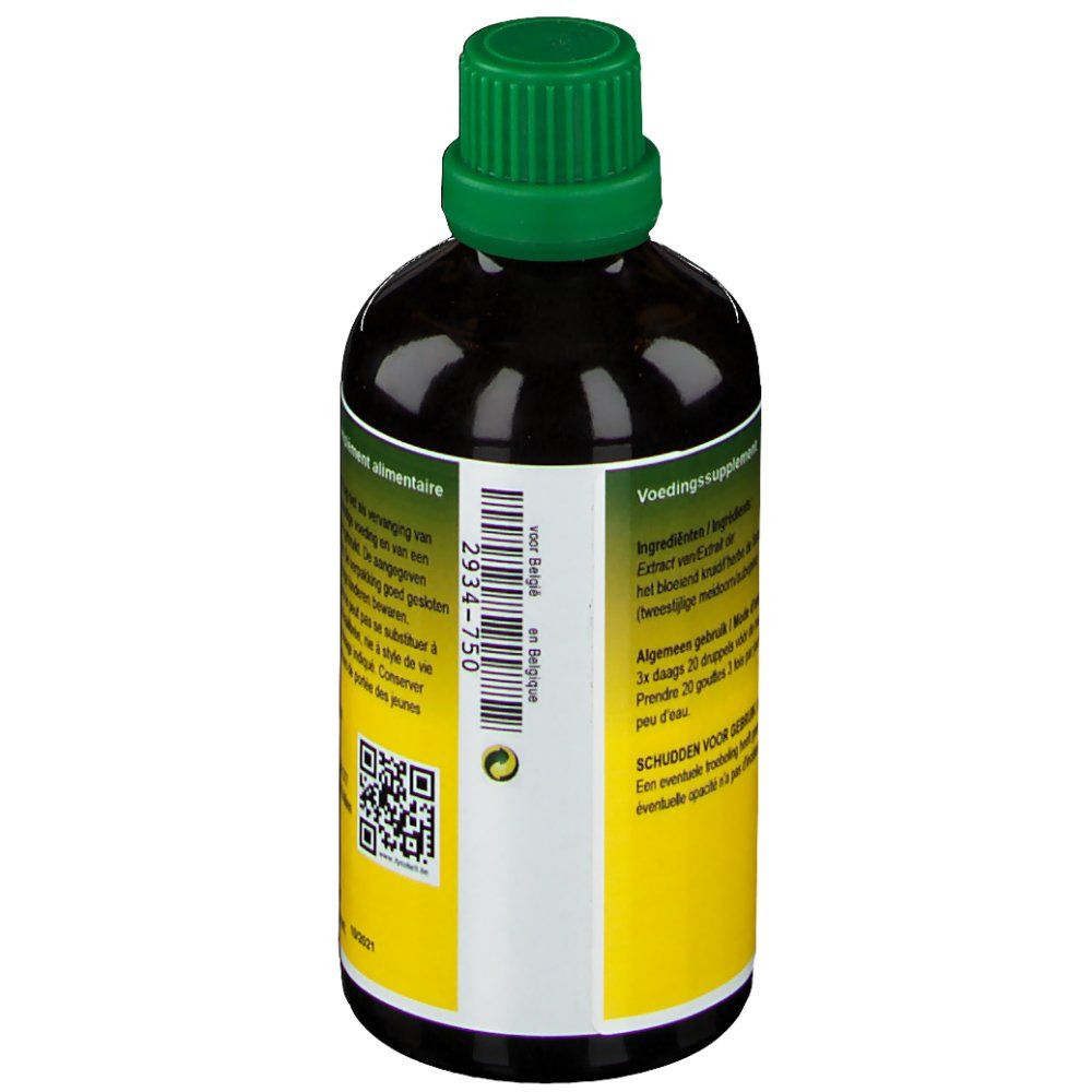 Dos d'une bouteille de liquide brun avec bouchon vert. Étiquette avec texte et code-barres.