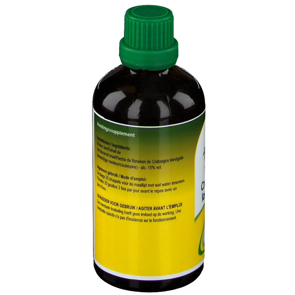 Dos d'une bouteille de liquide brun avec bouchon vert. Étiquette avec texte.