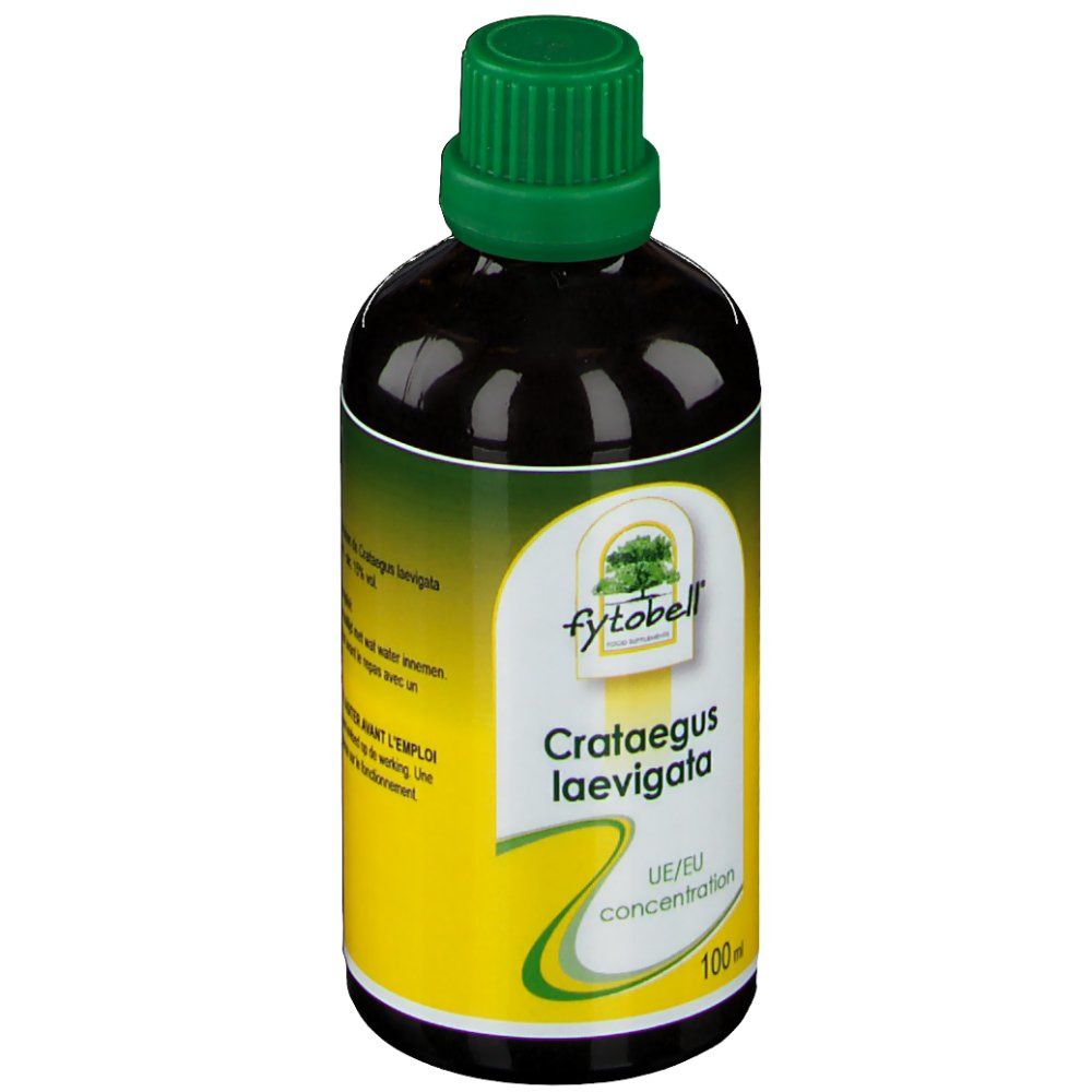 Liquide brun dans une bouteille à bouchon vert. L'étiquette indique "fytobell Crataegus laevigata".