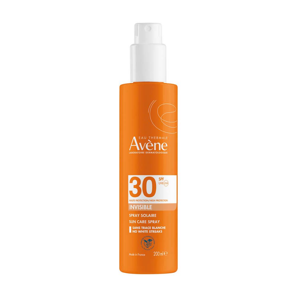 Flacon de spray solaire, orange, bouchon blanc. Inscription: Eau Thermale Avène, SPF 30, Spray.
