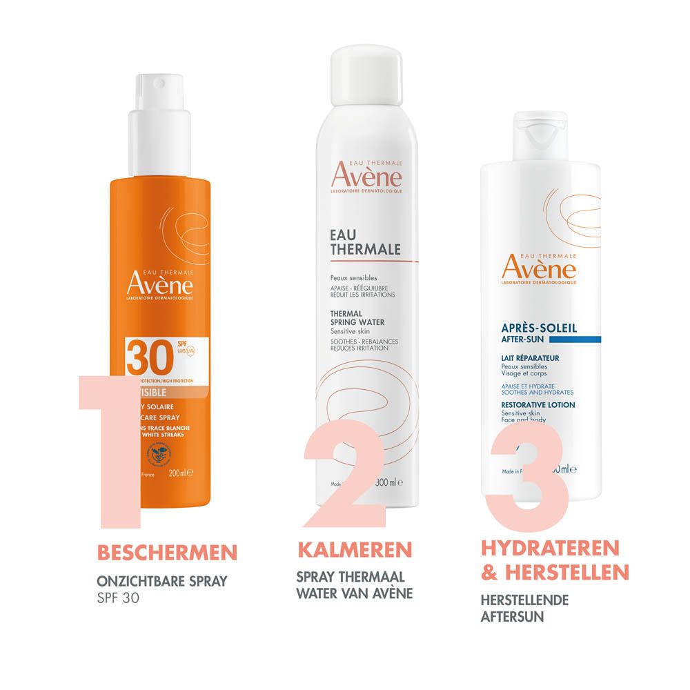 Oranje fles met witte sproeikop. Opschrift: Eau Thermale Avène, SPF 30, Spray.