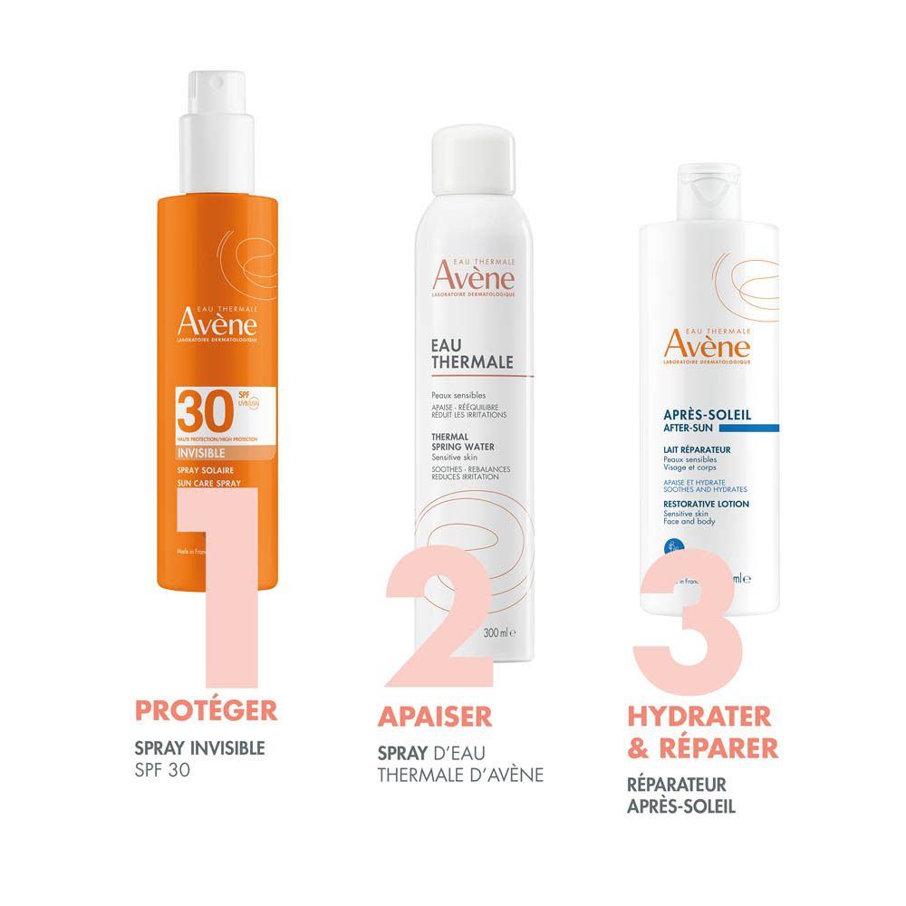 Flacon orange avec bouchon blanc. Inscription: Eau Thermale Avène, SPF 30, Spray.