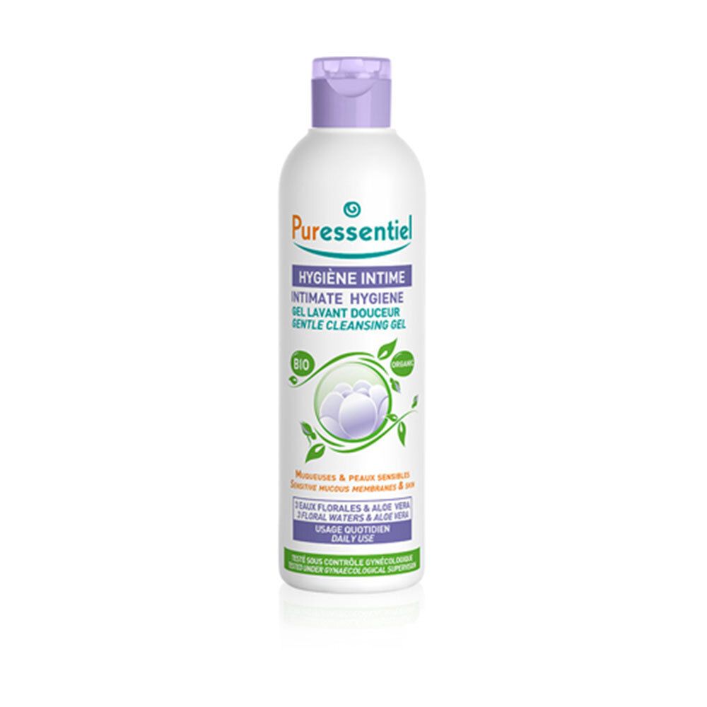 Flacon blanc avec bouchon violet. Inscription: Hygiène Intime, Gel Lavant Douceur. Certification Bio.