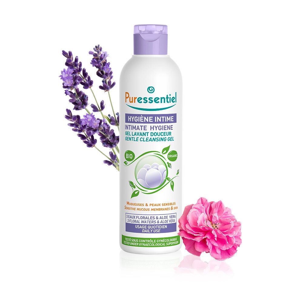 Flacon blanc avec bouchon violet, à côté de la lavande et une rose rose. Inscription: Hygiène Intime.