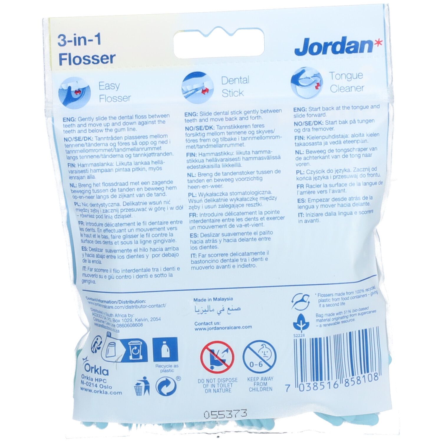 Achterkant van de verpakking Jordan 3-in-1 Flosser. Meertalige instructies. Fabrikantinformatie. Recyclingsymbool.