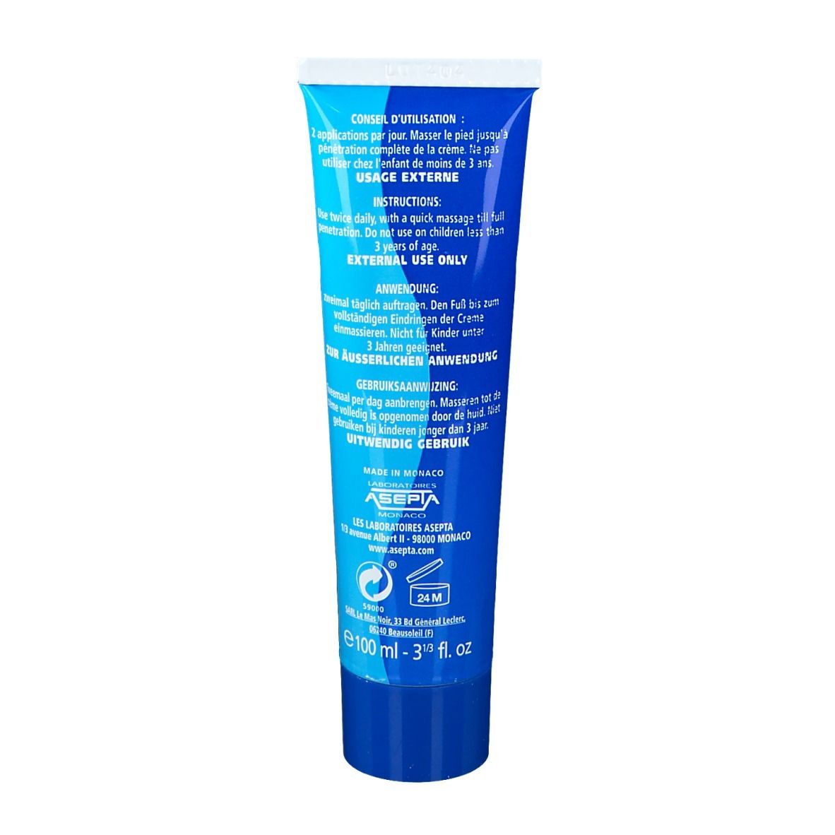 Blauwe tube met witte tekst. Gebruiksaanwijzing, 100 ml, ASEPTA.