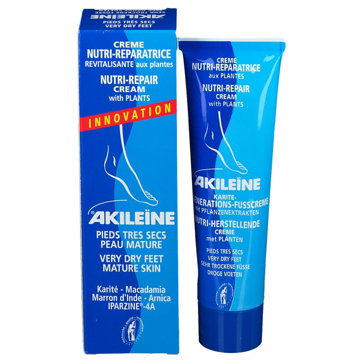 Blauwe doos en tube. Tekst: ®Akileïne, Nutri-Repair crème, zeer droge voeten.