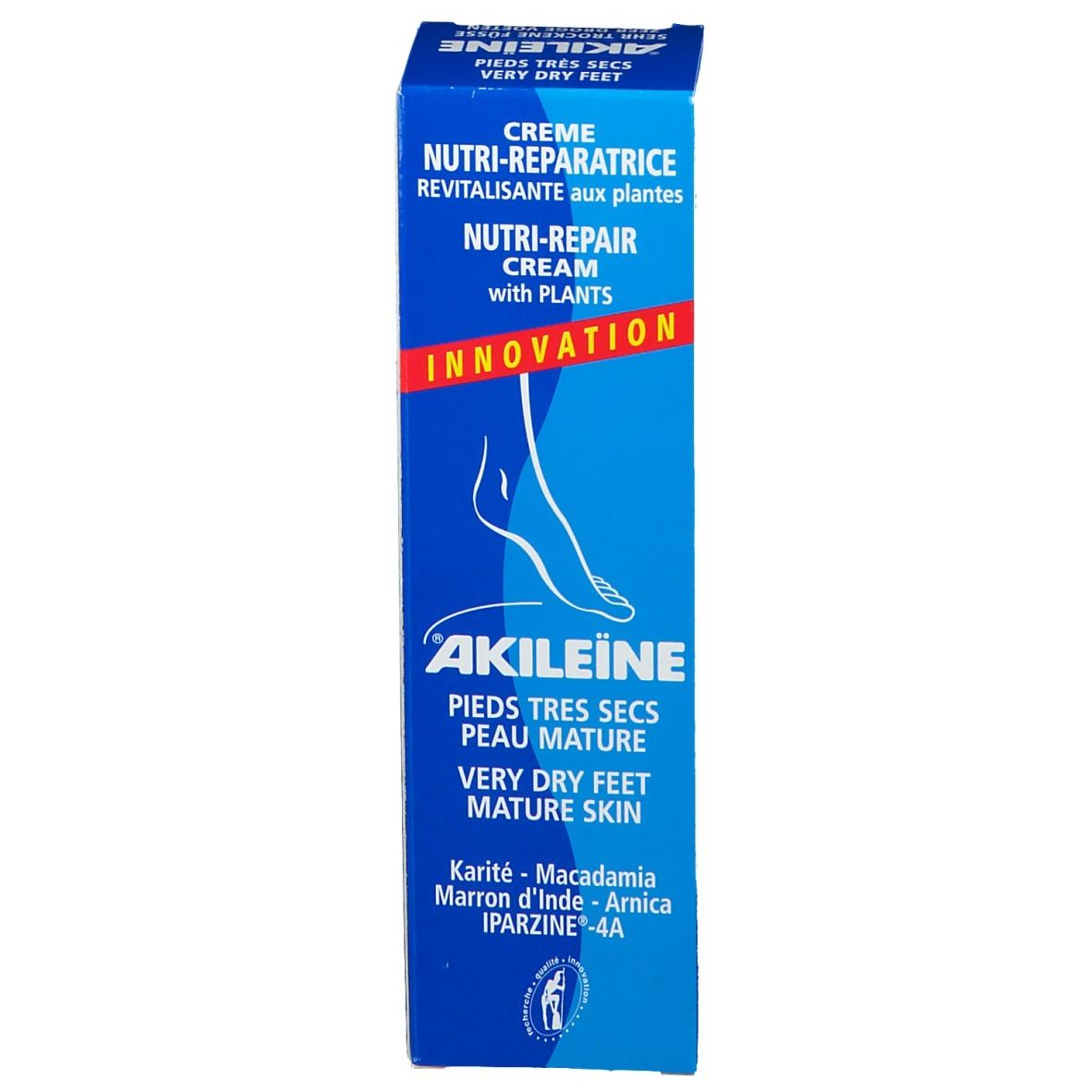 Blauwe doos. Tekst: ®Akileïne, Nutri-Repair crème, zeer droge voeten.