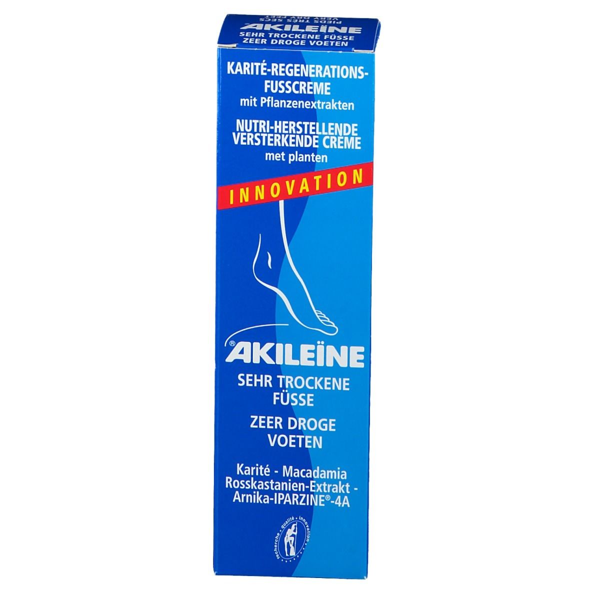 Blauwe doos. Tekst: ®Akileïne, Karité-Regeneratie crème, zeer droge voeten.