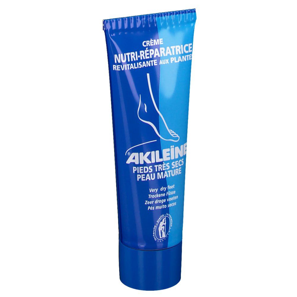 Tube bleu de crème ®Akileïne pour pieds très secs. Inscription: NUTRI-REPARATRICE, pieds très secs, peau mature. Illustration d'un pied.