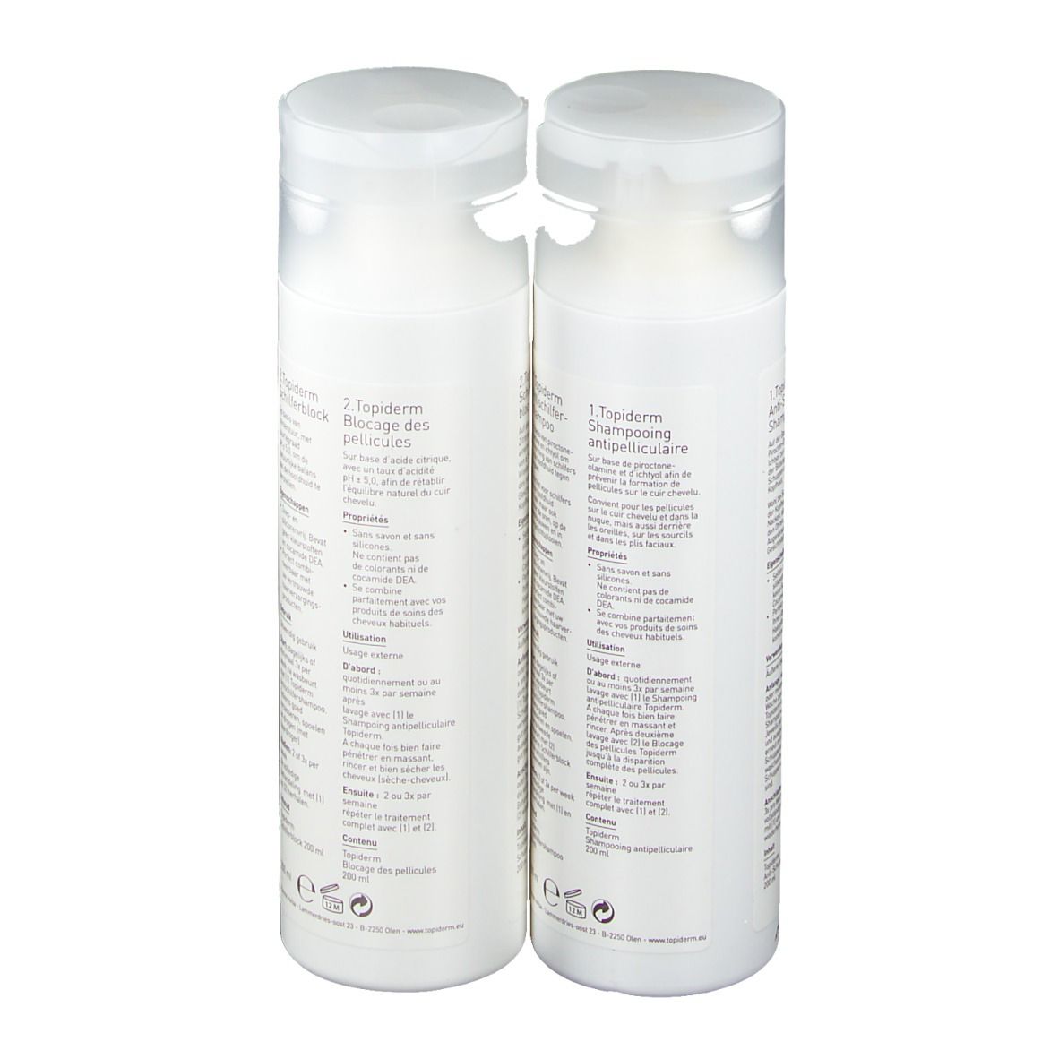 Deux flacons blancs avec bouchons transparents. Texte au dos. Libellé : 2. Topiderm Bloc antipelliculaire et 1. Topiderm Shampooing antipelliculaire.
