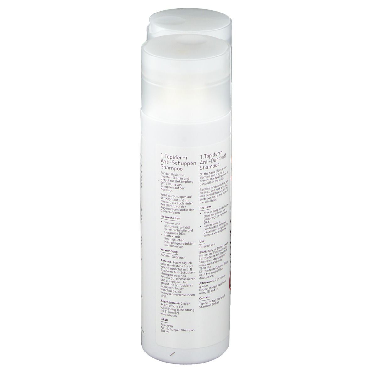 Flacon blanc avec bouchon transparent. Texte au dos. Libellé : 1. Topiderm Shampooing antipelliculaire.