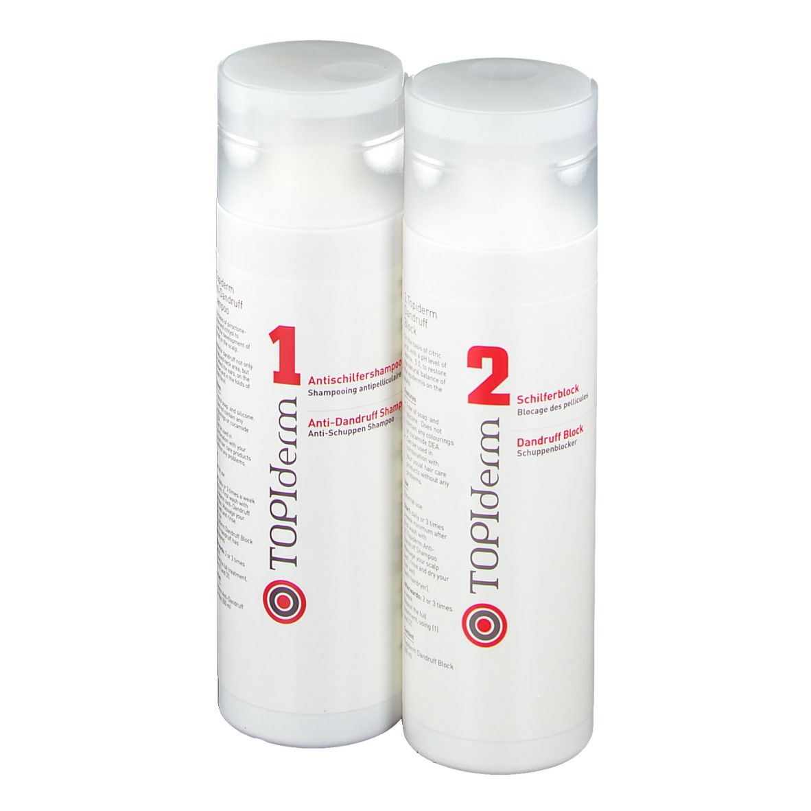 Deux flacons blancs avec bouchons transparents. Logo TOPIderm et numéros. Libellé : Shampooing antipelliculaire et Bloc antipelliculaire.