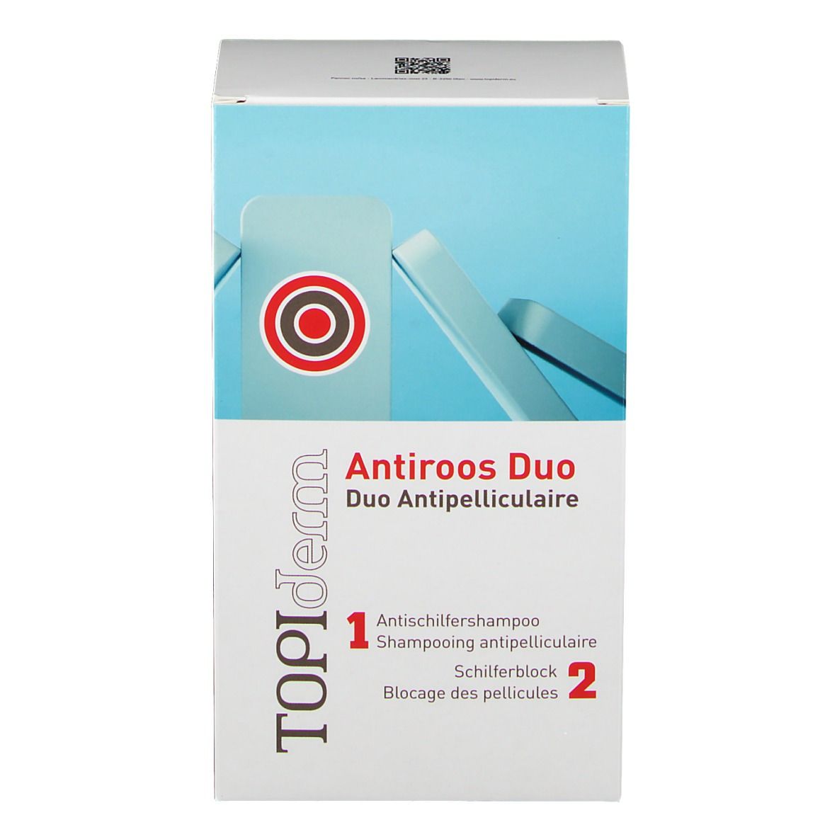 Boîte avec logo et texte. Libellé : Antiroos Duo. Logo TOPIderm. 1. Shampooing antipelliculaire, 2. Bloc antipelliculaire.