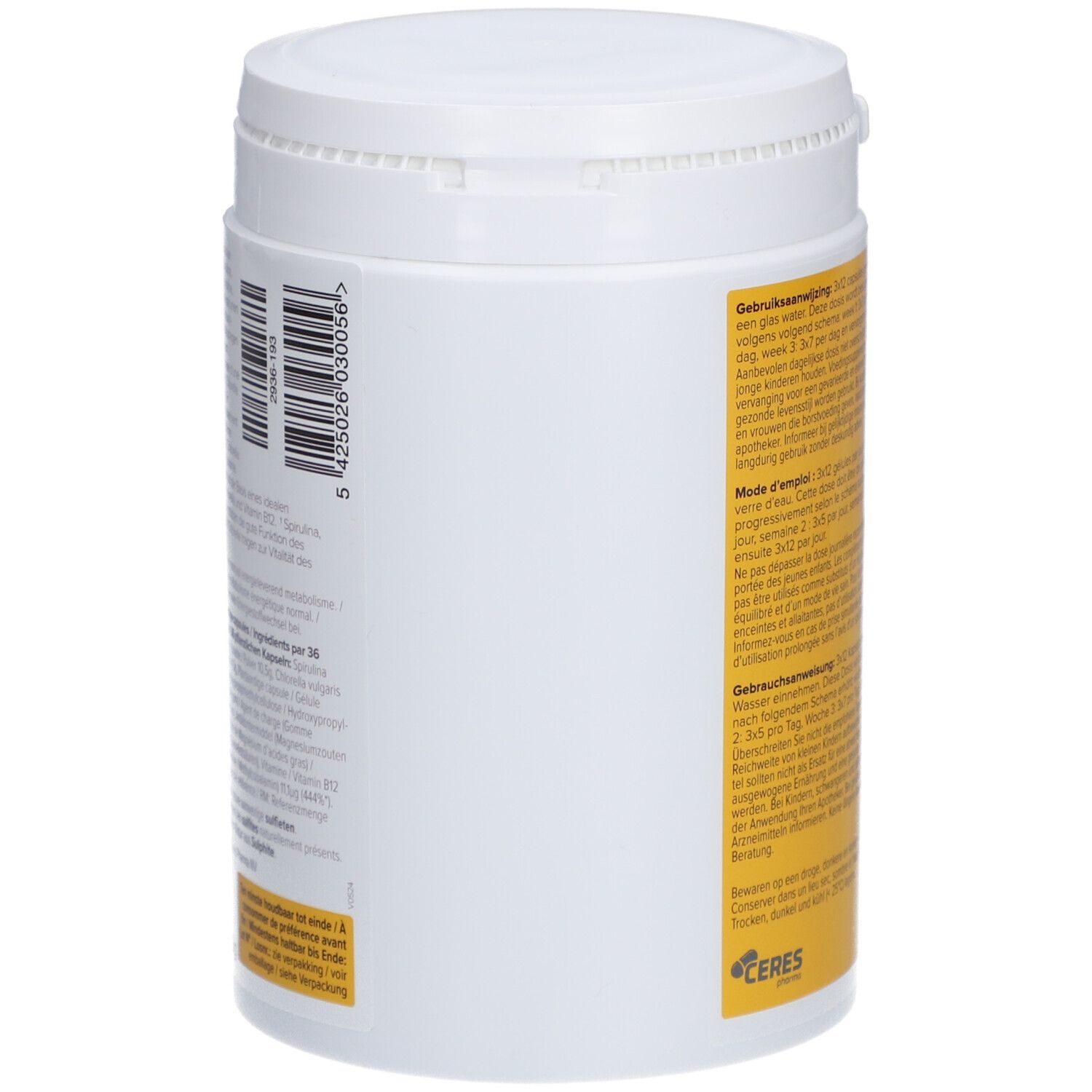 Zijkant van een witte pot. Streepjescode en tekst op geel etiket. Fabrikantgegevens en lotnummer.