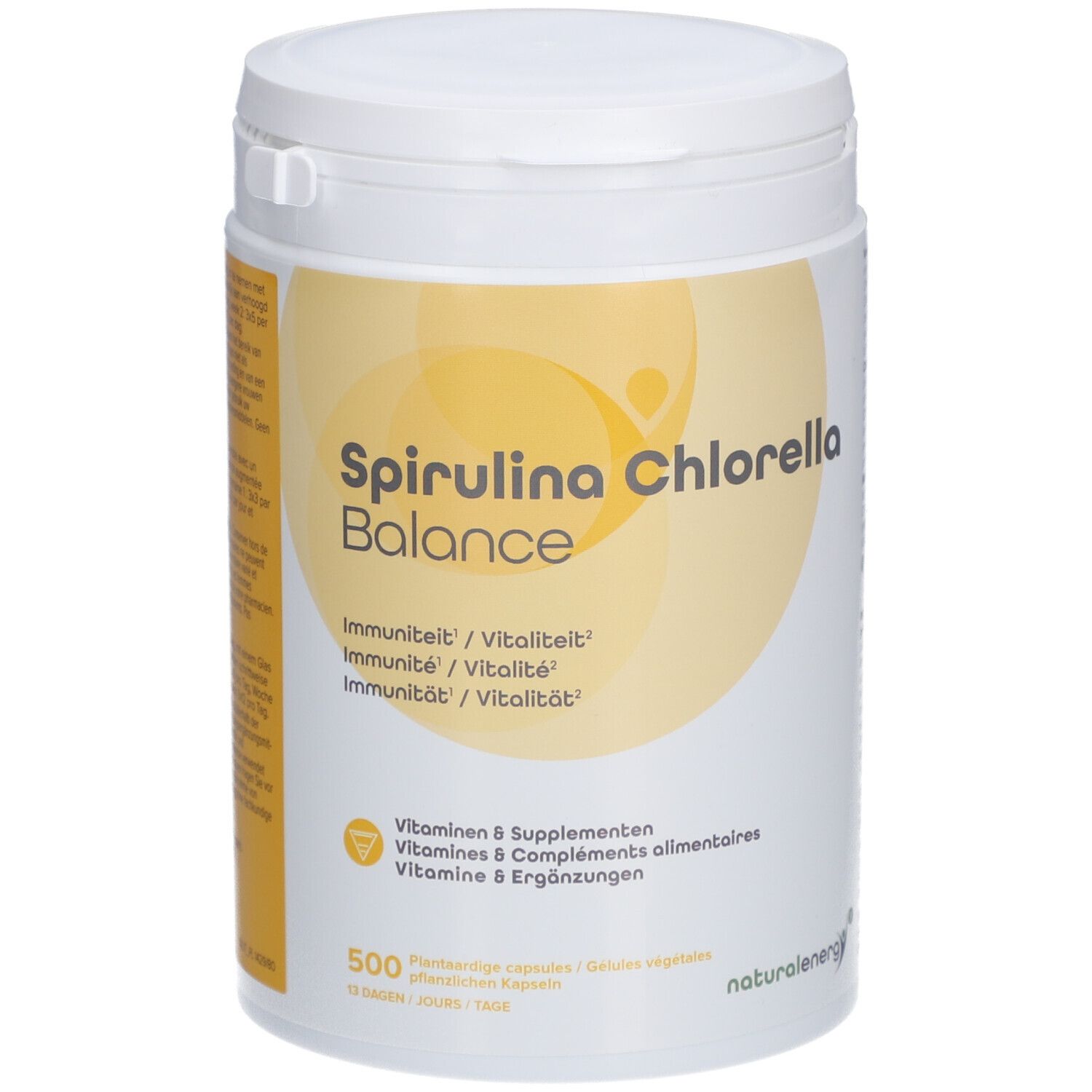 Witte pot met geel etiket. Opschrift: Spirulina Chlorella Balance, Vitamine B supplementen. 500 plantaardige capsules.