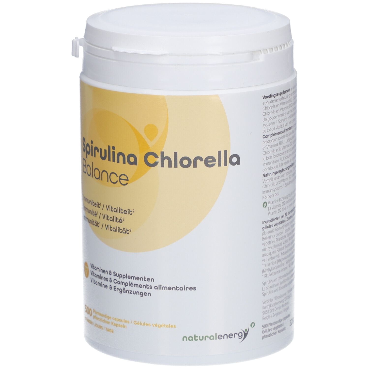 Witte pot met geel etiket. Opschrift: Spirulina Chlorella Balance, Vitamine B supplementen. 500 plantaardige capsules.