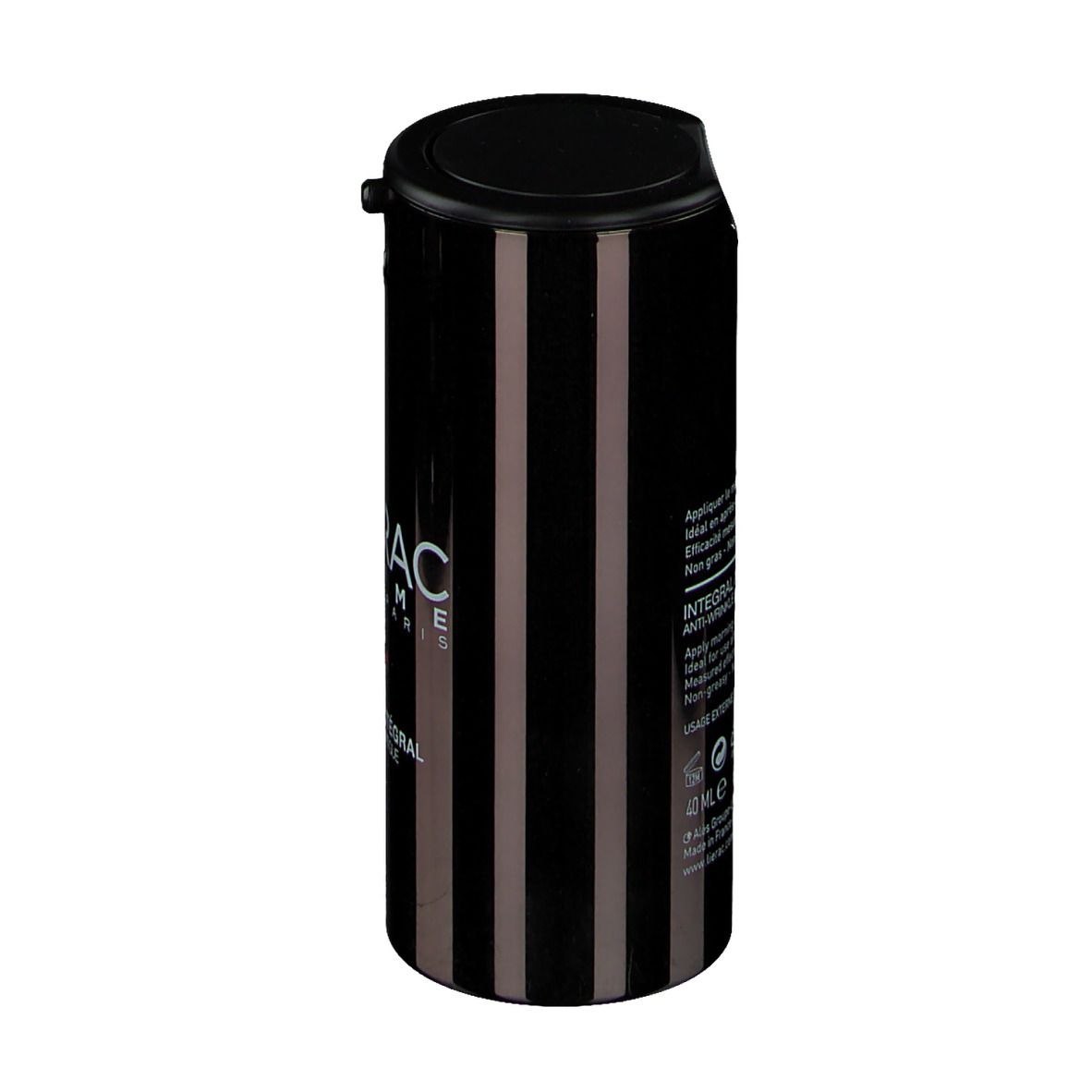 Schwarze Flasche mit vertikalen Streifen. LIERAC HOMME, PREMIUM, Anti-Age Fluid. Schwarzer Deckel.