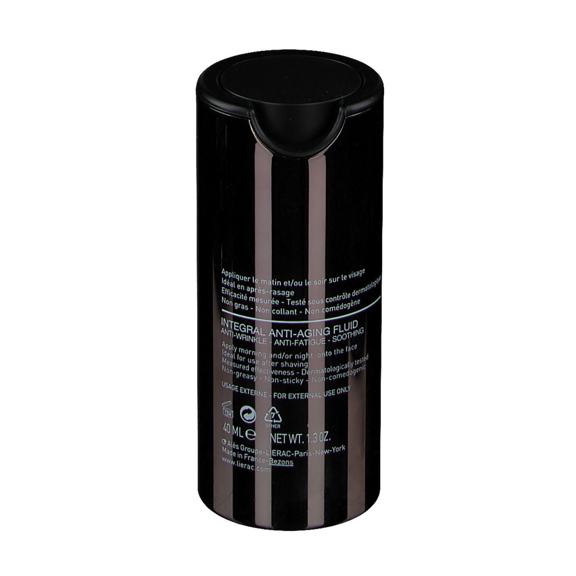 Schwarze Flasche mit vertikalen Streifen. Text auf der Rückseite. Schwarzer Deckel. 40 ml.