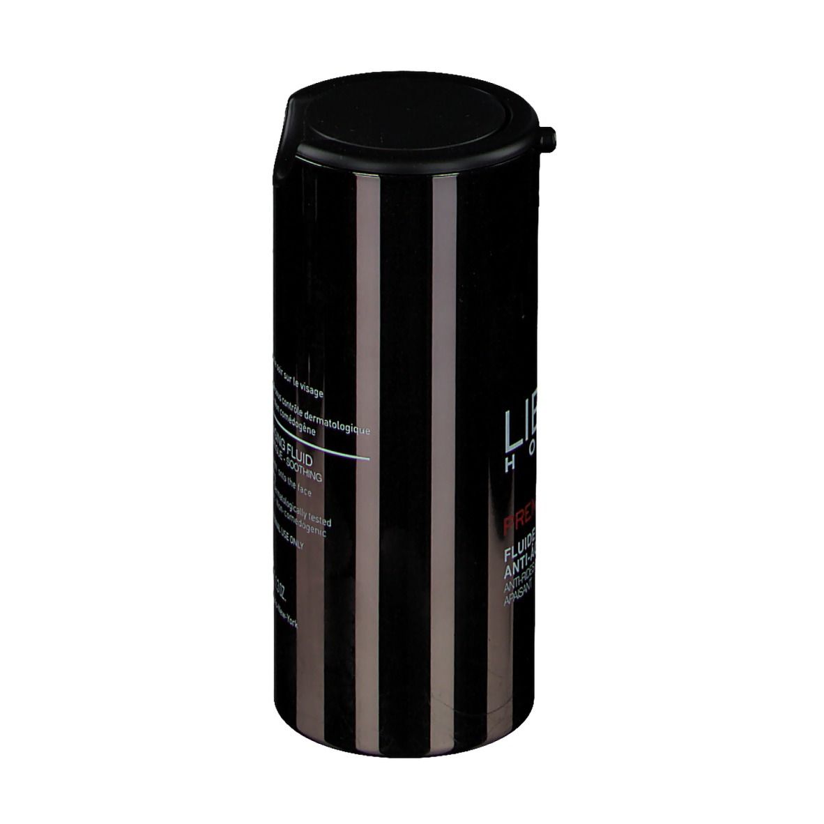 Schwarze Flasche mit vertikalen Streifen. LIERAC HOMME, PREMIUM, Anti-Age Fluid. Schwarzer Deckel.