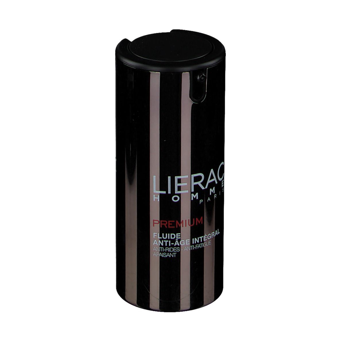 Schwarze Flasche mit vertikalen Streifen. LIERAC HOMME, PREMIUM, Anti-Age Fluid. Schwarzer Deckel.