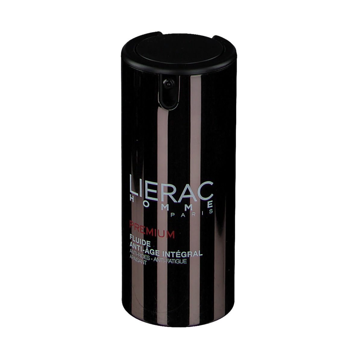 Schwarze Flasche mit vertikalen Streifen. LIERAC HOMME, PREMIUM, Anti-Age Fluid. Schwarzer Deckel.