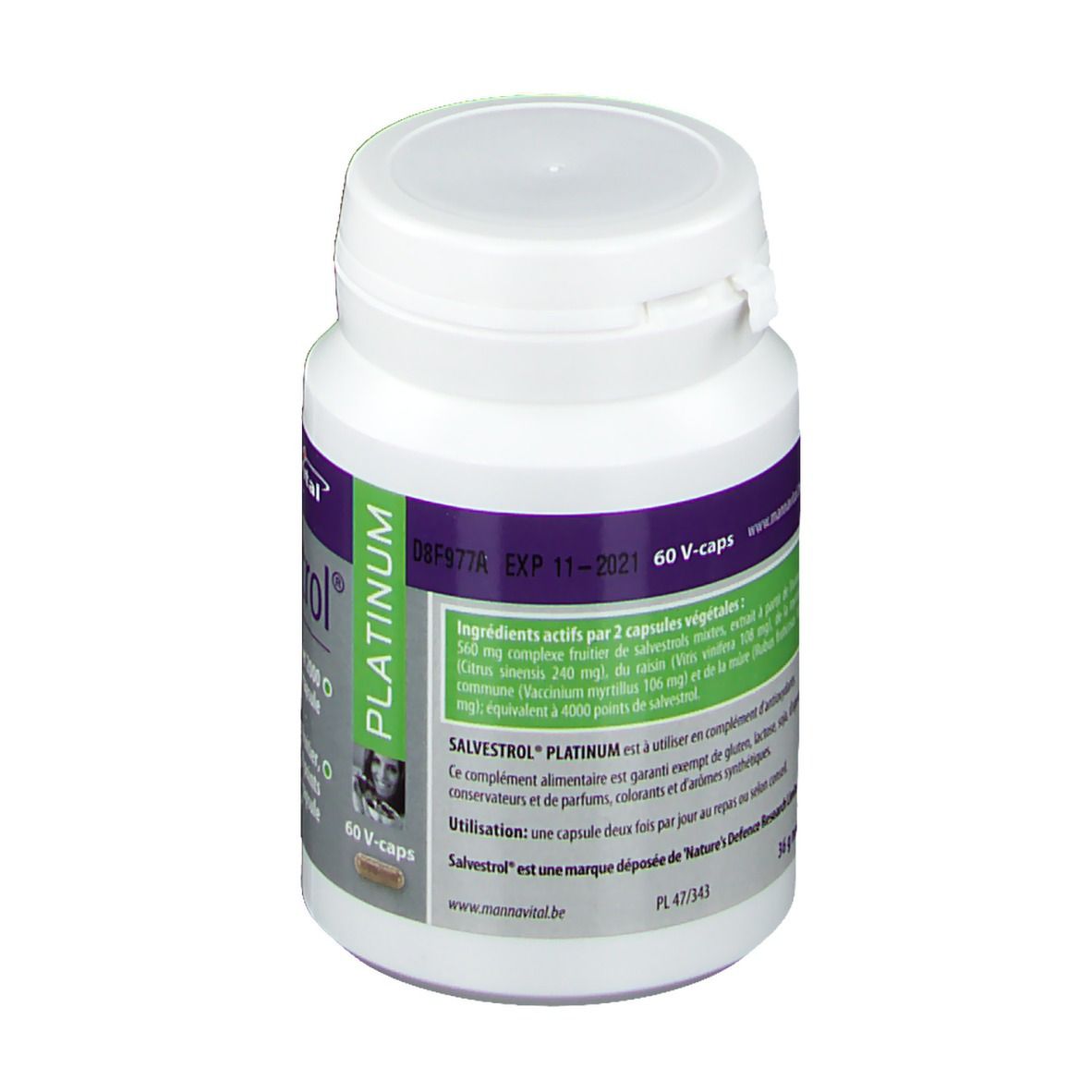 Witte fles Mannavital Salvestrol Platinum. Achterkant met ingrediënten en instructies. 60 V-Caps.
