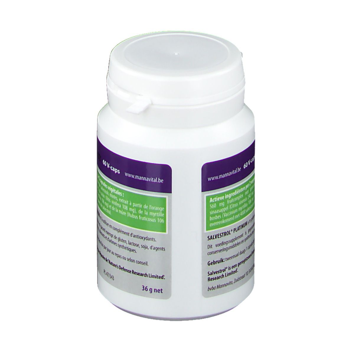 Witte fles Mannavital Salvestrol Platinum. Achterkant met ingrediënten en nettogewicht. 36 g.