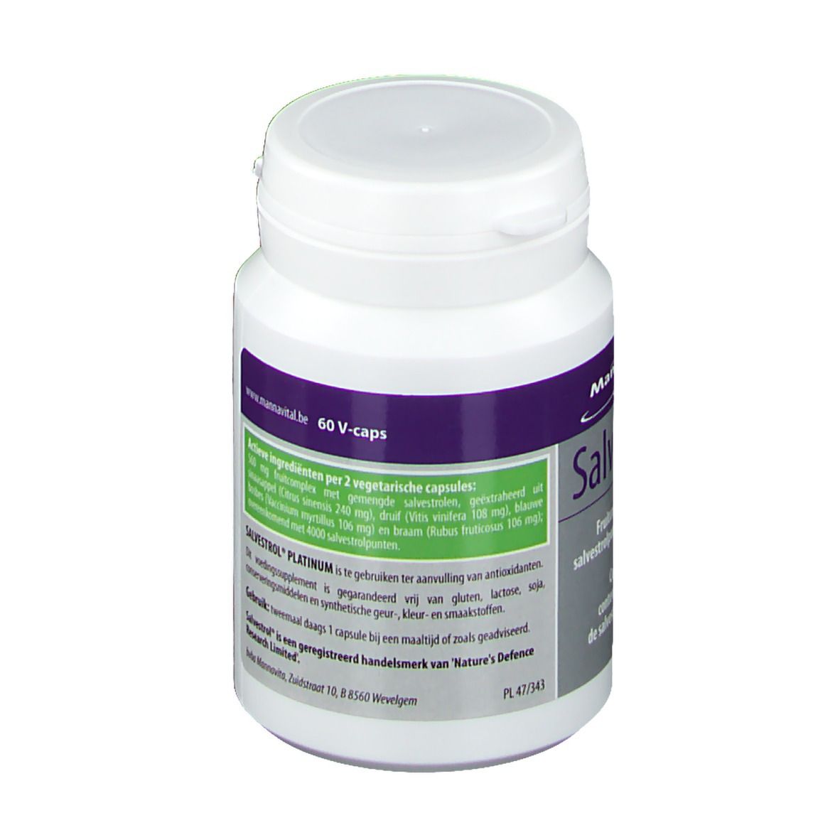 Witte fles Mannavital Salvestrol Platinum. Achterkant met ingrediënten en dosering. 60 V-Caps.