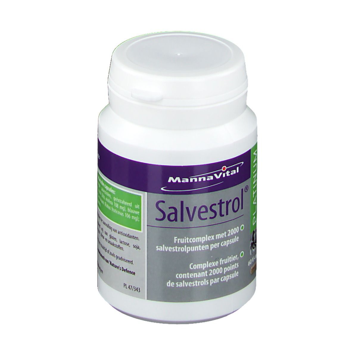 Witte fles Mannavital Salvestrol Platinum. Etiket met productnaam en info. 60 V-Caps.