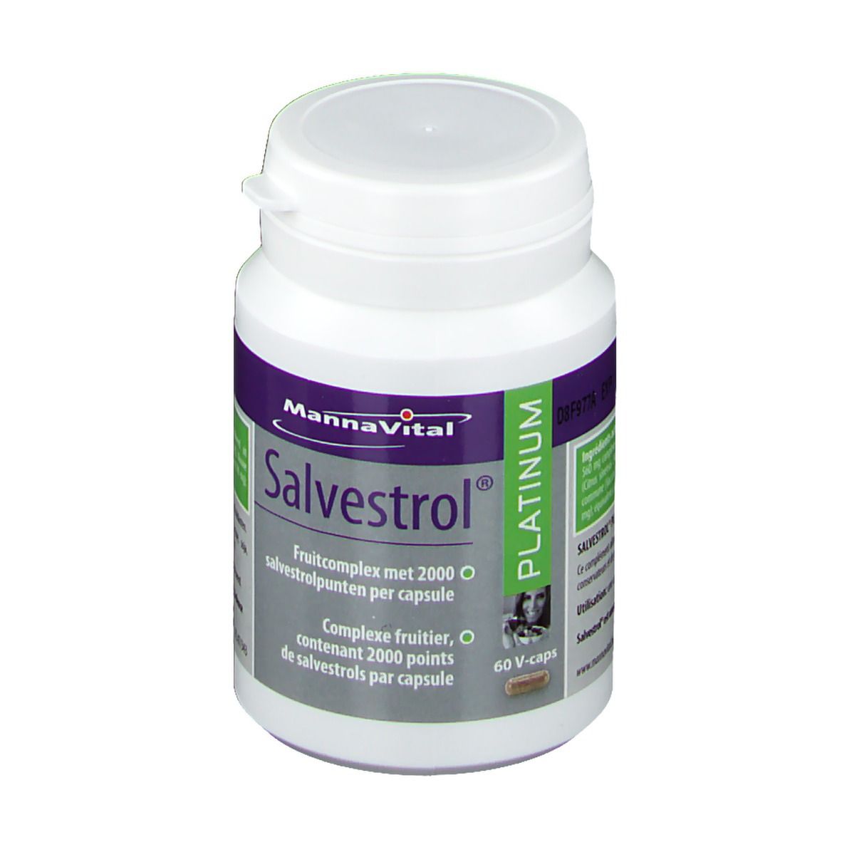 Witte fles Mannavital Salvestrol Platinum. Etiket met productnaam en info. 60 V-Caps.