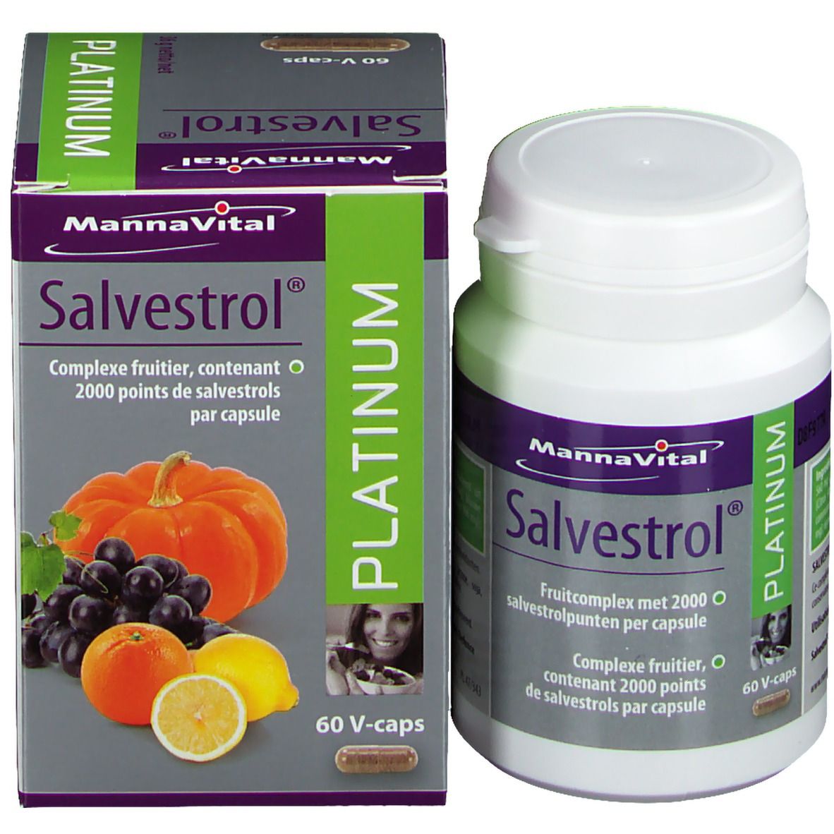 Mannavital Salvestrol Platinum. Fles en doos. Productafbeelding met fruit. 60 V-Caps.
