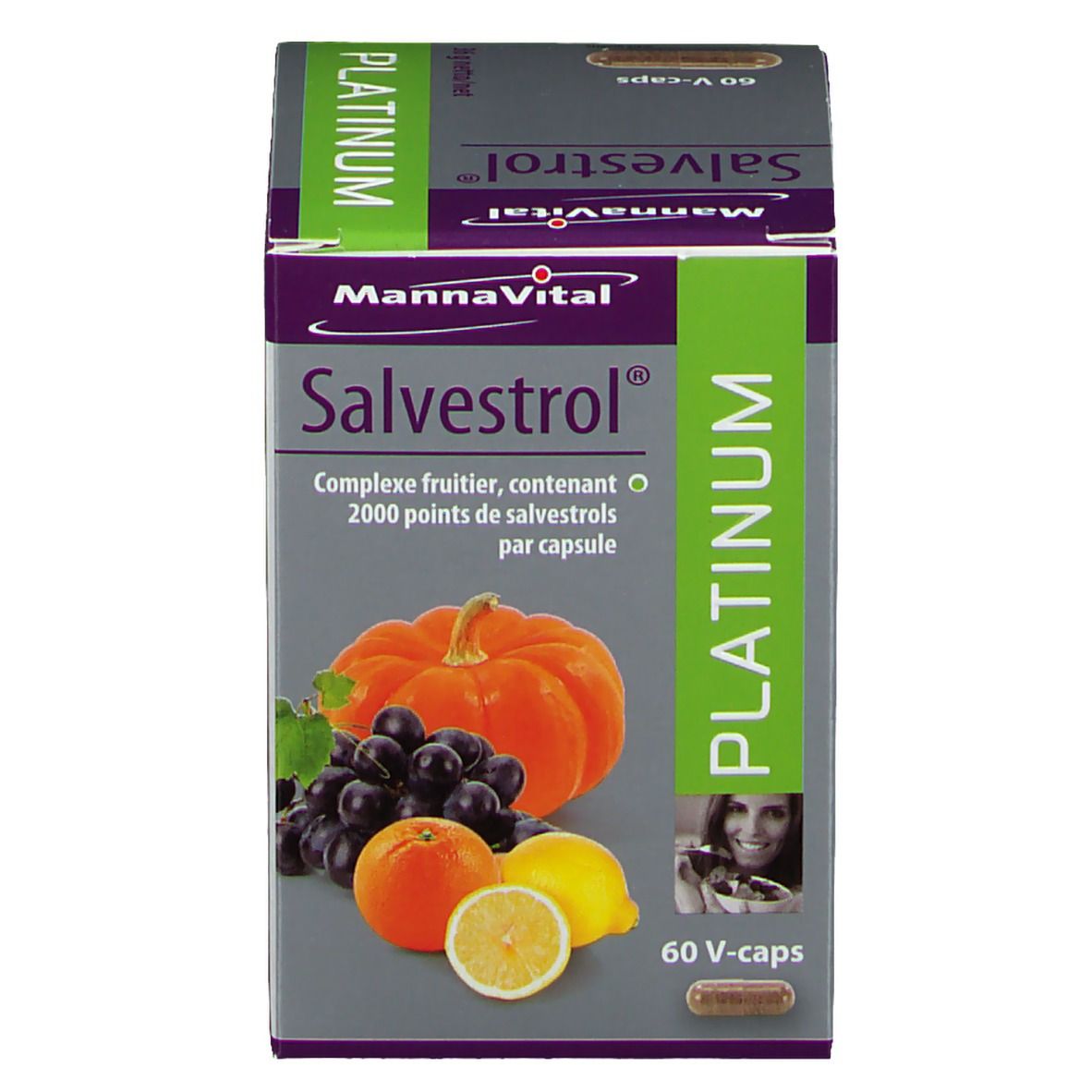Mannavital Salvestrol Platinum. Doos met productafbeelding en fruit. 60 V-Caps.