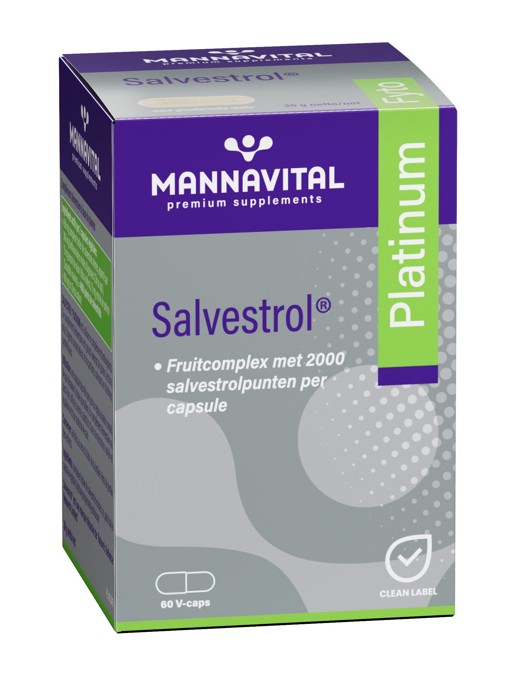 Mannavital Salvestrol Platinum. Kartonnen doos met productinfo en capsulesymbool. 60 V-Caps.