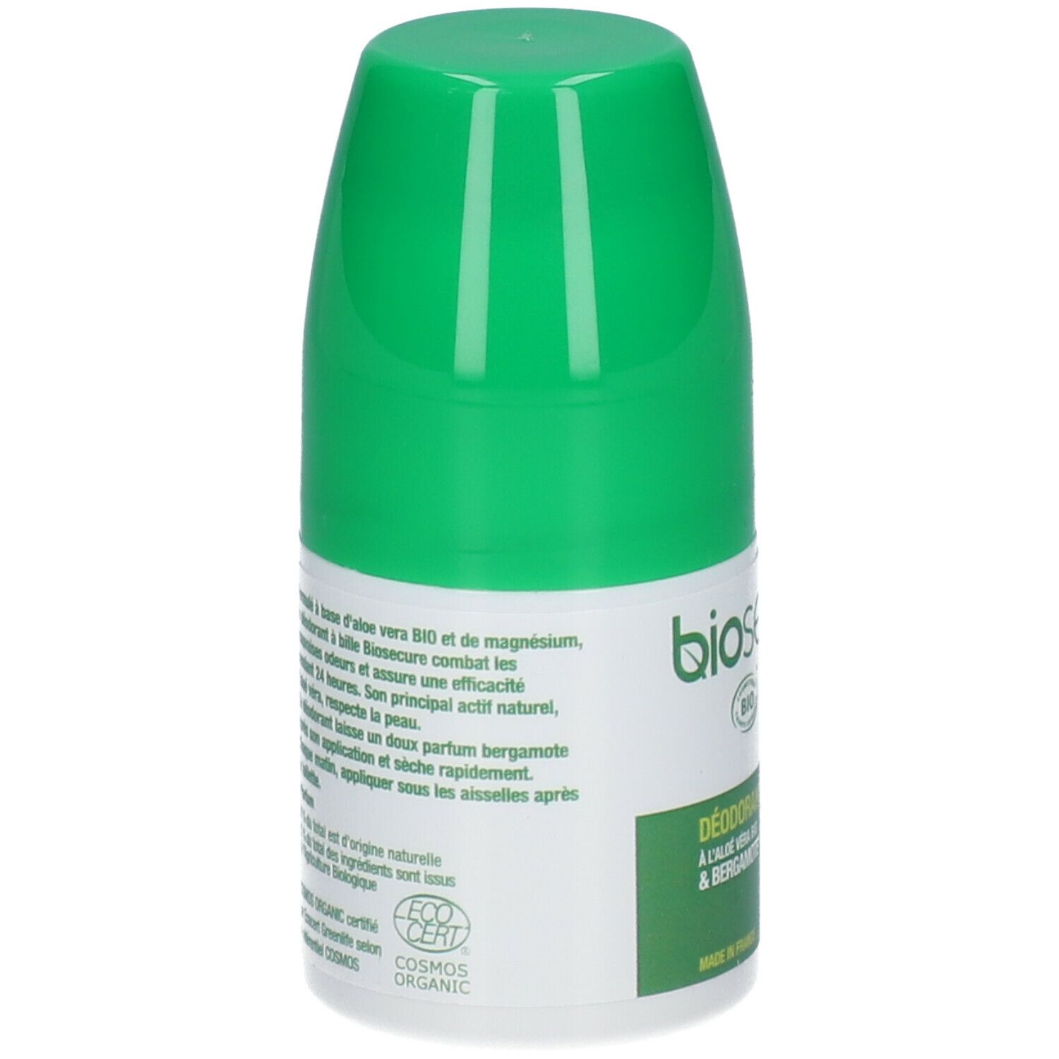 Achterkant van de groene roll-on. Tekst: ingrediënten, beschrijving, COSMOS ORGANIC certificering, ECOCERT.