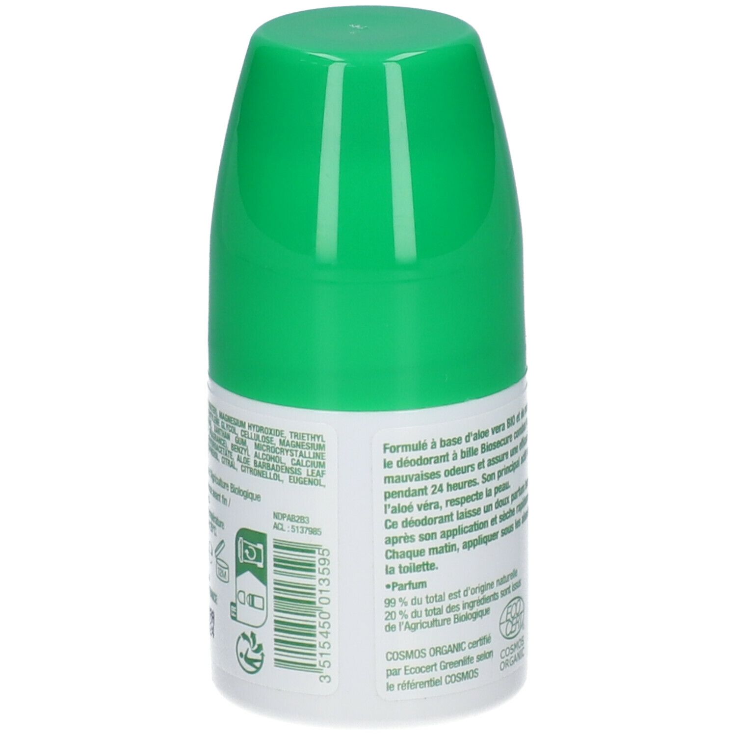 Achterkant van de groene roll-on. Tekst: ingrediënten, beschrijving, COSMOS ORGANIC certificering, ECOCERT.