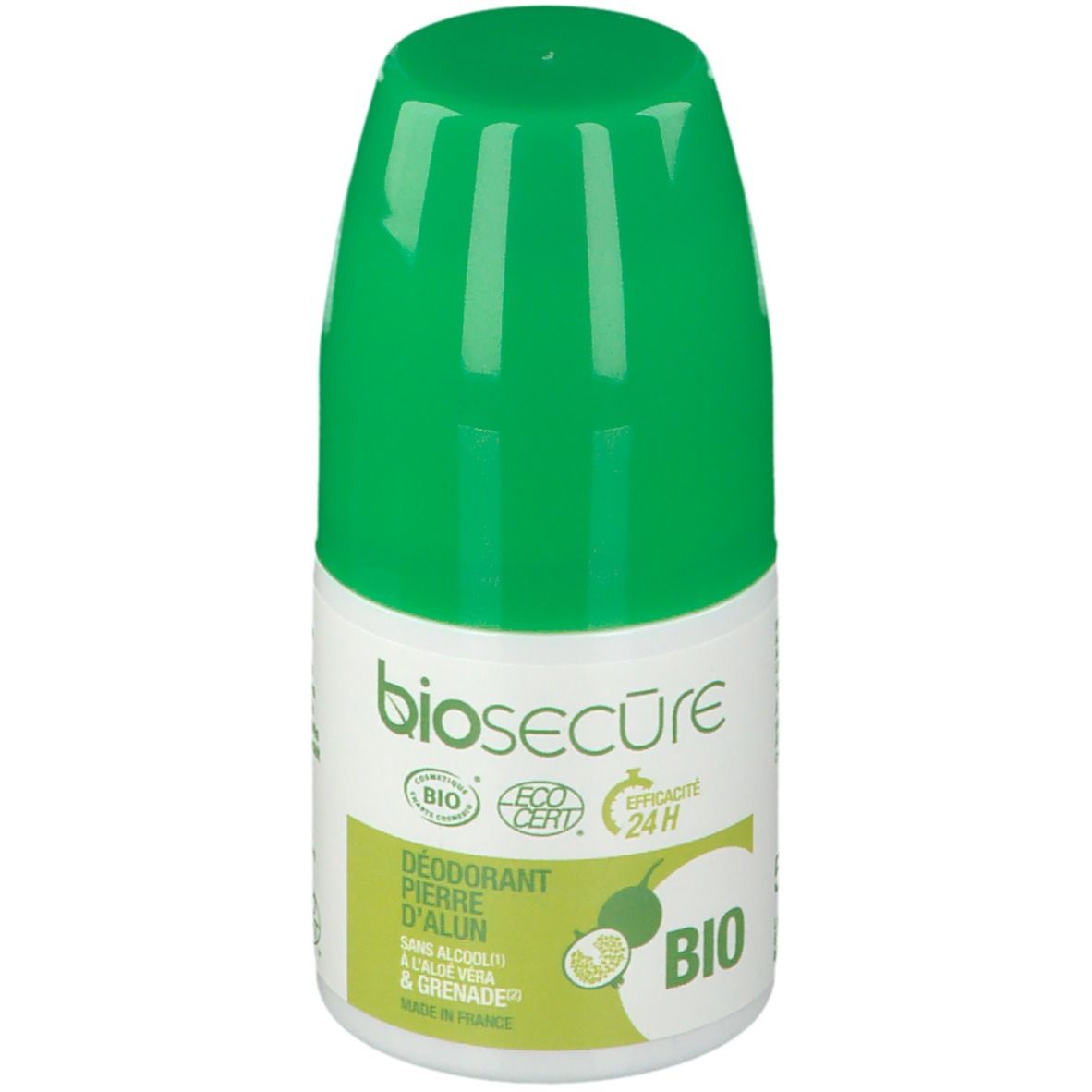 Déodorant roll-on vert et blanc. Inscription: Bio Secure, Déodorant Pierre d'Alun-Grenade, certification Bio.