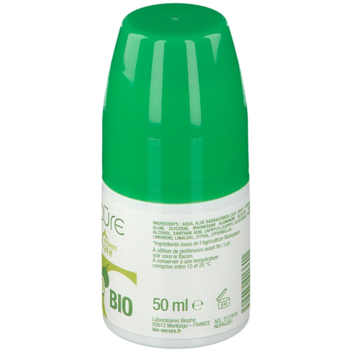 Dos du roll-on avec ingrédients et informations fabricant. Volume: 50 ml. Bio Secure.