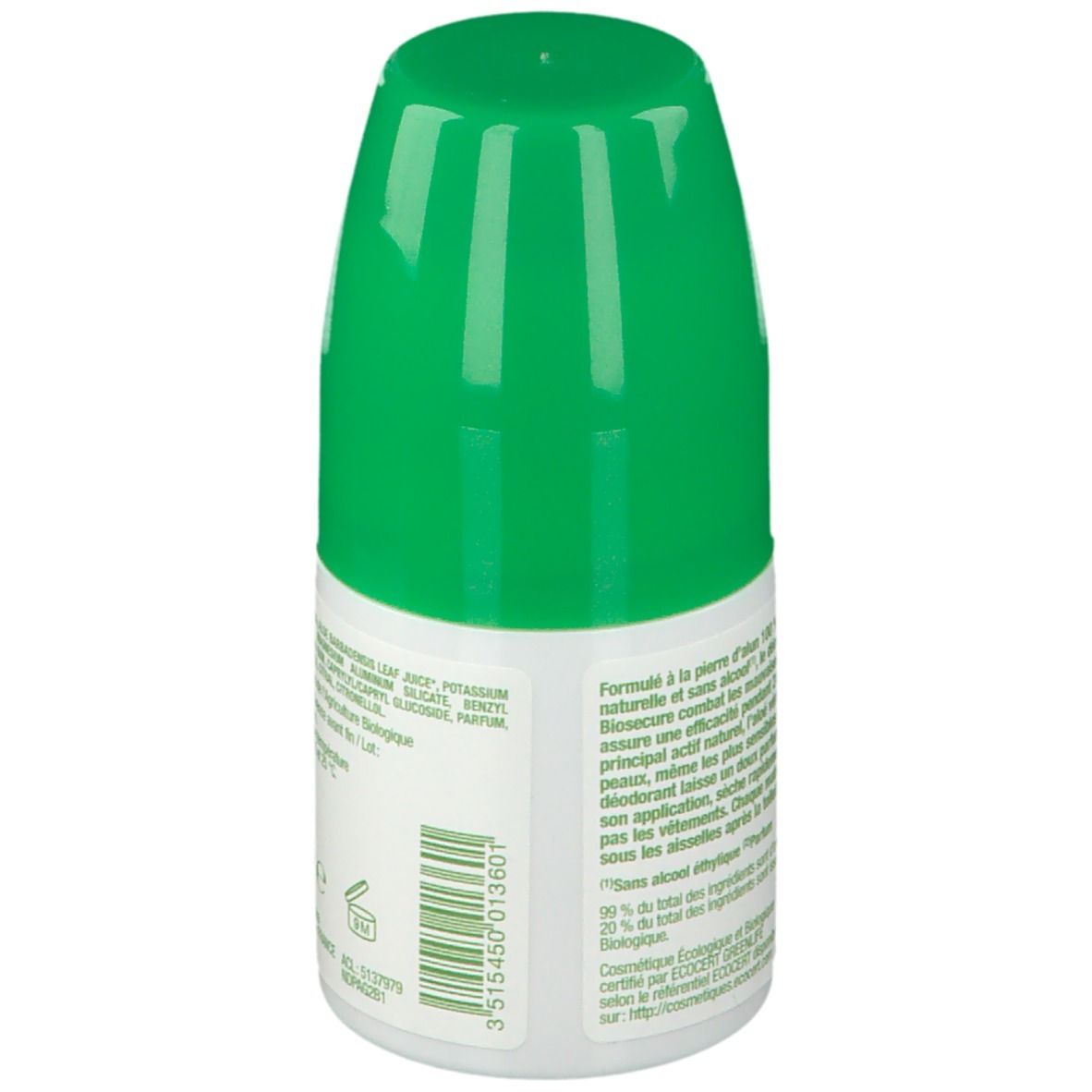 Dos du roll-on avec texte. Formule à la pierre d'alun, 99% ingrédients d'origine naturelle. Bio Secure.