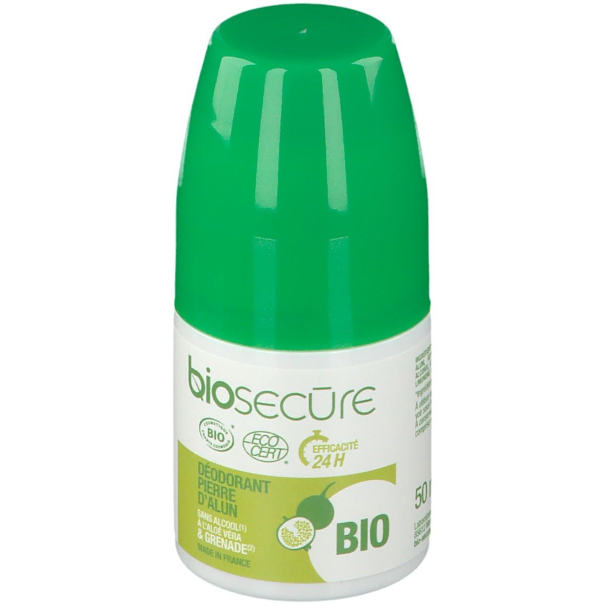 Déodorant roll-on vert et blanc. Inscription: Bio Secure, Déodorant Pierre d'Alun-Grenade, 50 ml.
