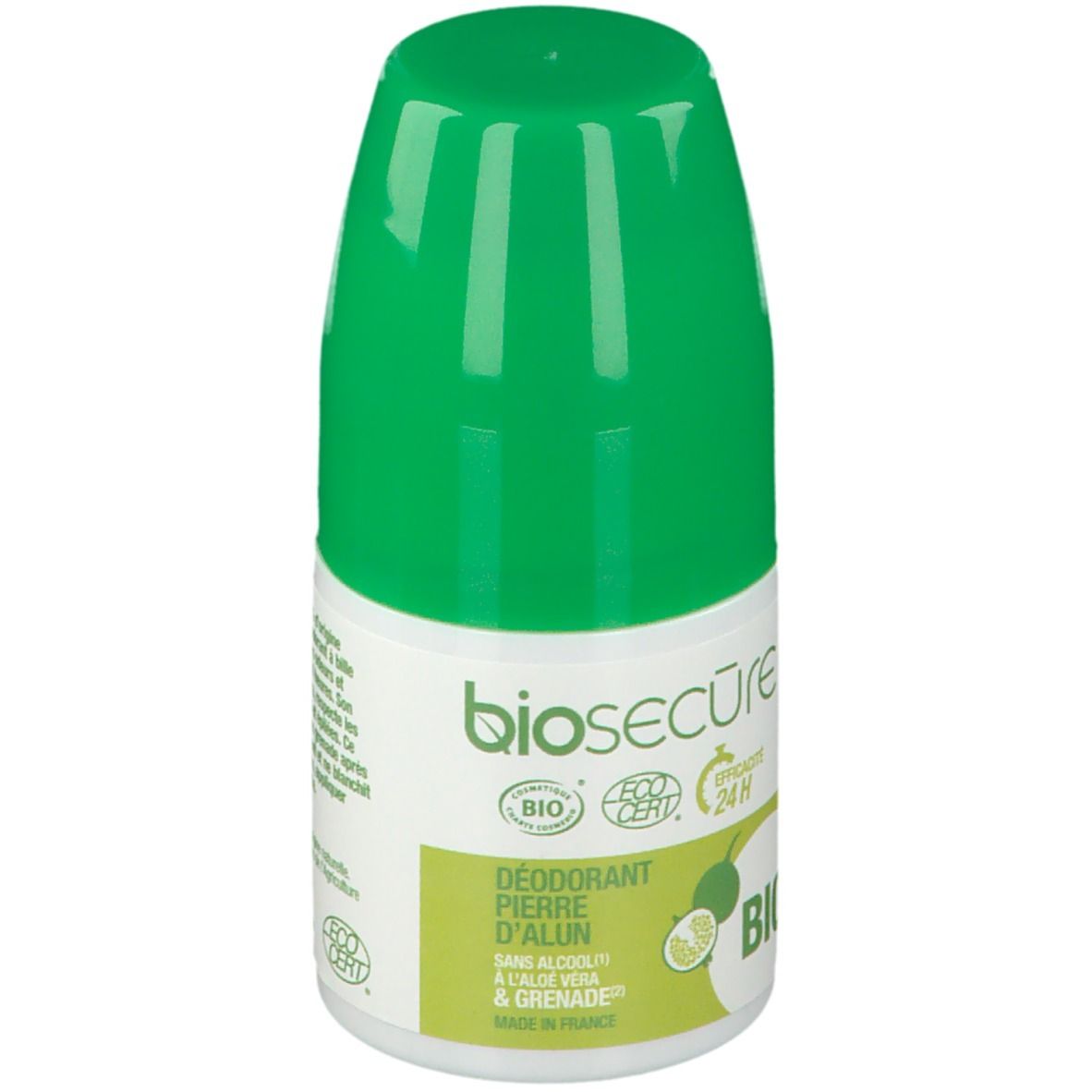Déodorant roll-on vert et blanc. Inscription: Bio Secure, Déodorant Pierre d'Alun-Grenade, certification Bio.